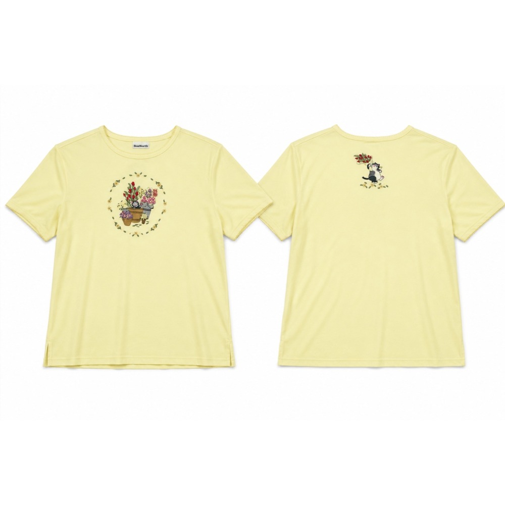 Vtg Cats T Shirt Sz XXL Butter Yellow Cottagecore Grandma Cute 90s Embroidered